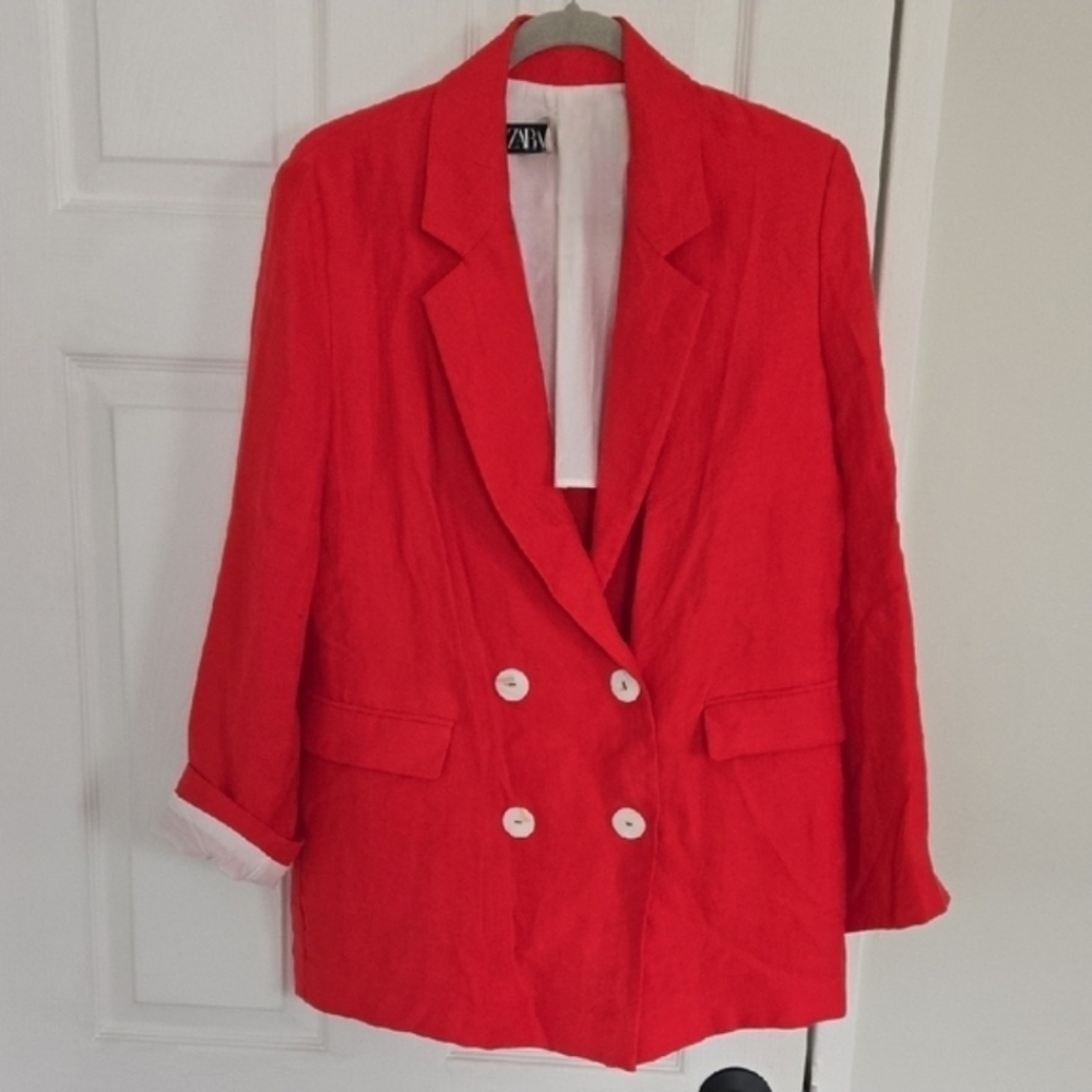 NWOT ZARA Oversized Double Breasted Red Blazer Sz XS - Picture 2 of 9